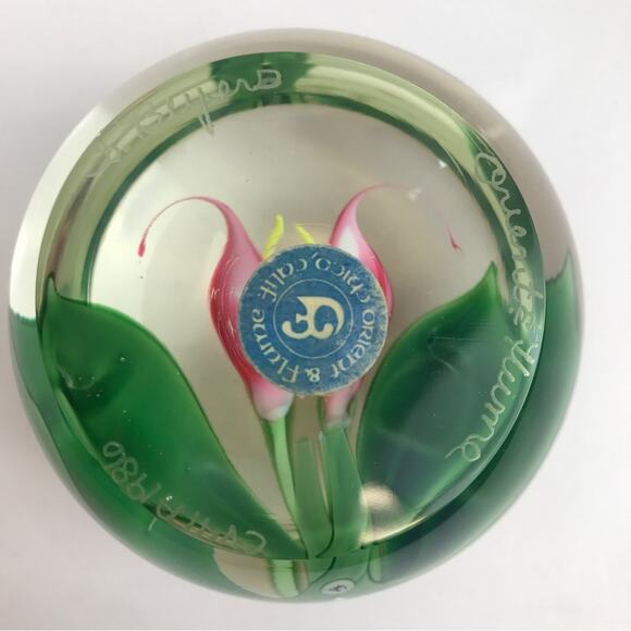 Orient & Flume Pink Callalily Flower Lampwork Paperweight Vintage Beyers Bag COA - Picture 2 of 15